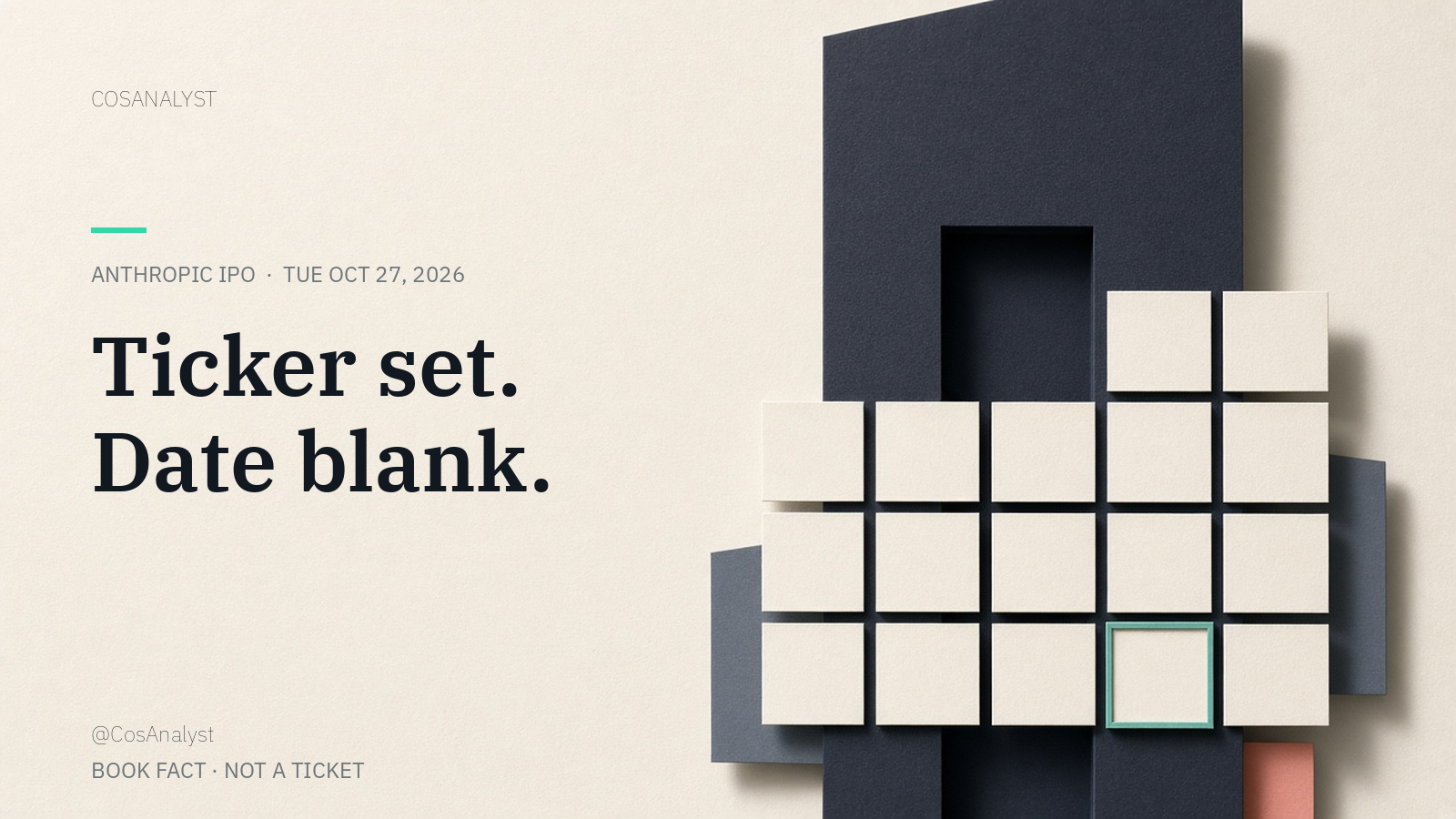 Paper-cut collage of a charcoal tower and a grid of blank ivory squares, one outlined in mint, CosAnalyst