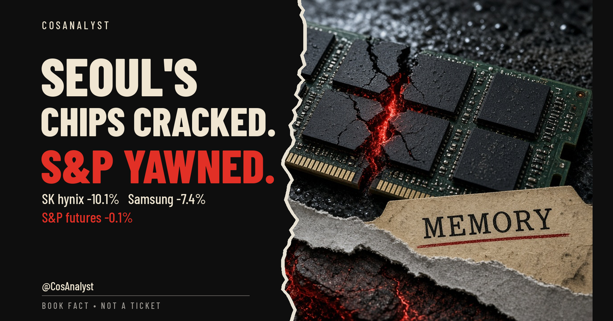 Seoul's chips cracked. S&P yawned. SK hynix -10.1%, Samsung -7.4%, S&P futures -0.1%. Cracked memory chip with a MEMORY folder. @CosAnalyst